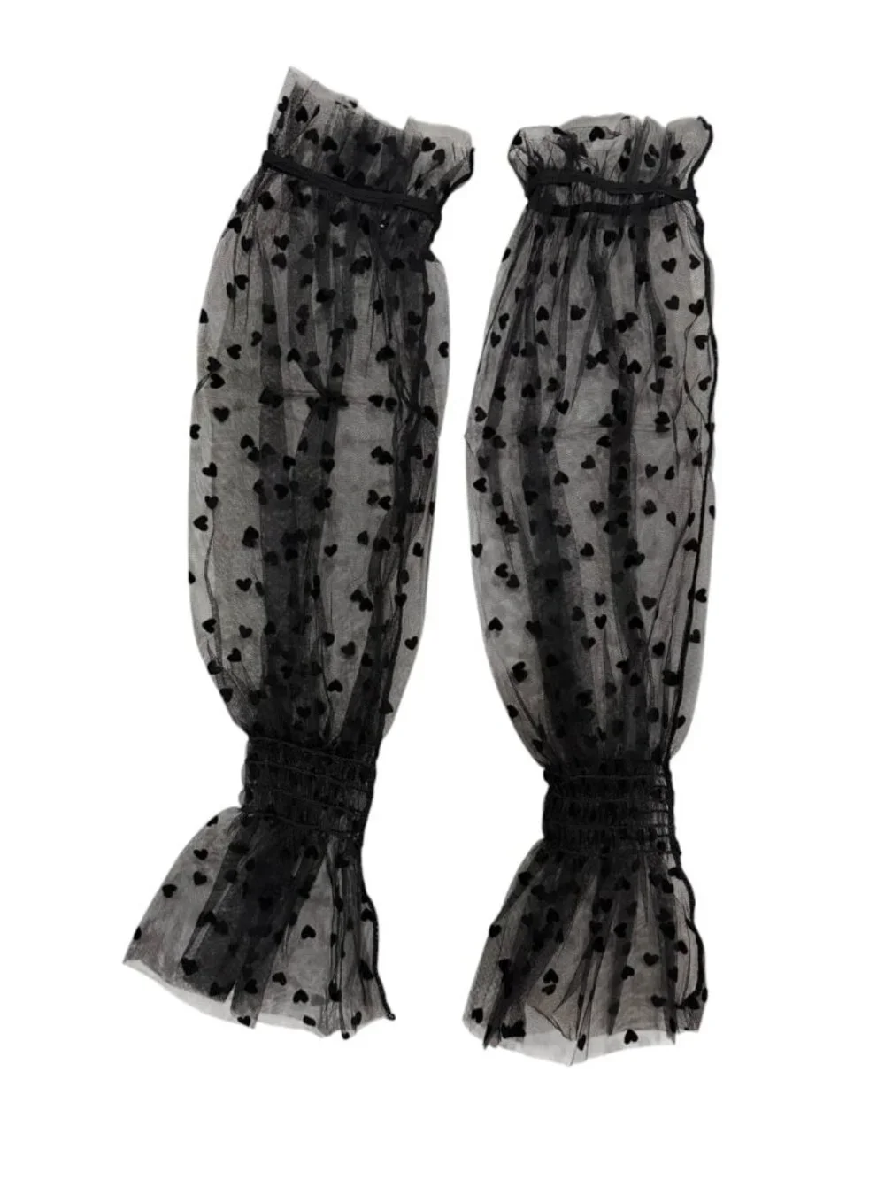 Black Tulle Velvet Polka Dot Hearts Long Ruffle Arm Warmers OS NWT